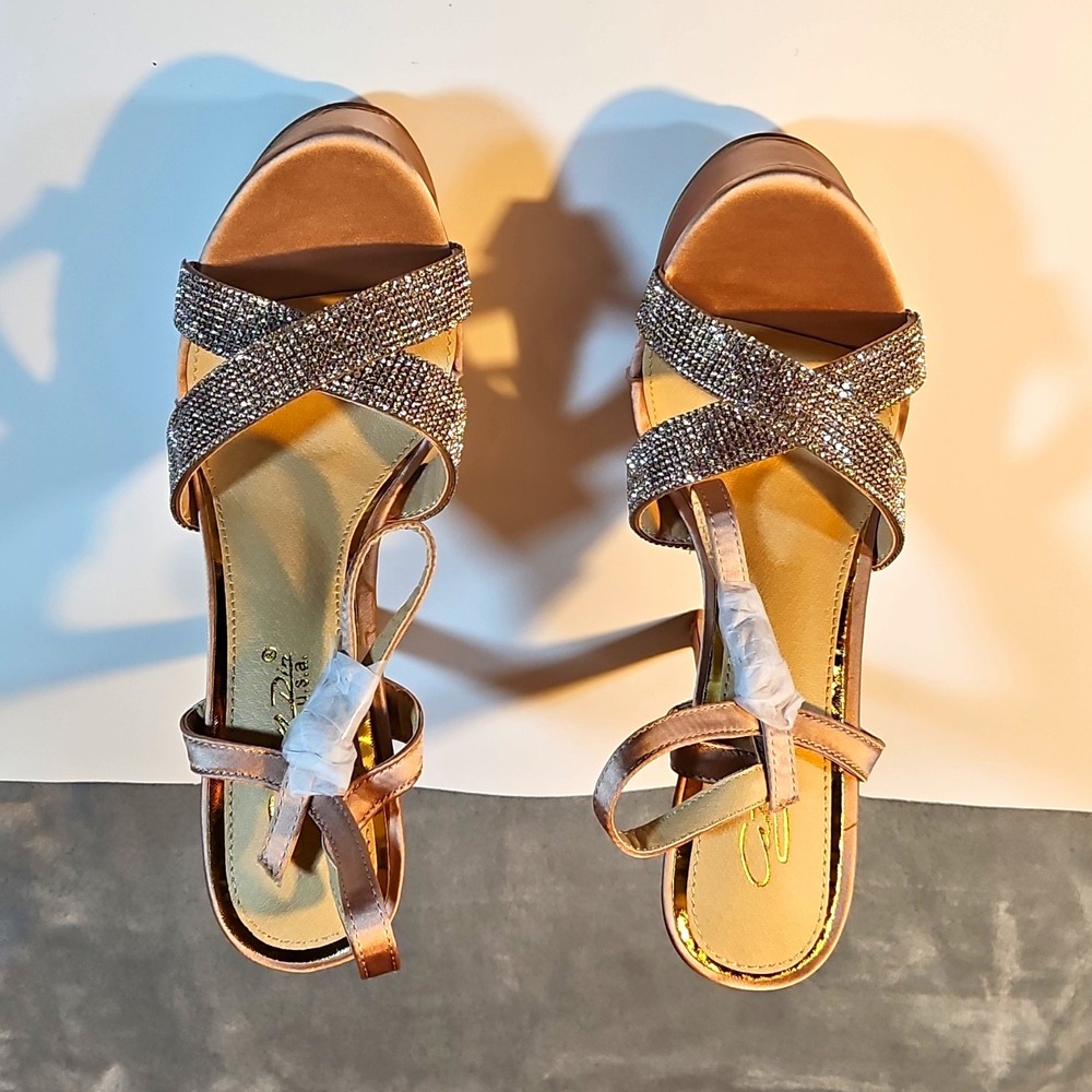 Cathy Din Champagne Synthetic Strappy Platform Stiletto Ankle Strap Open Toe 9
